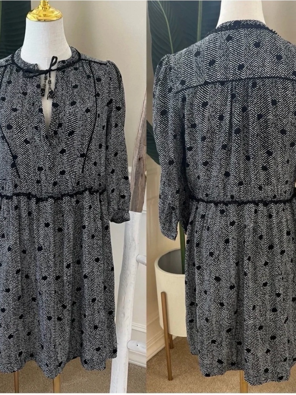 Maeve Black and White Printed Tie-Neck 3/4 Sleeve Dress